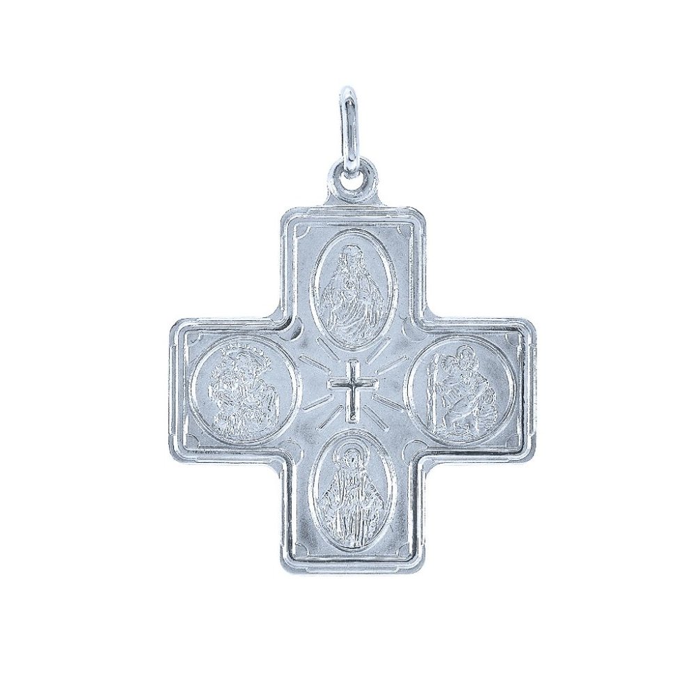 Four Way Religious Cross Medal Pendant 14K White Gold Necklace